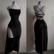 VibeLux Backless Lace Up Maxi Dress Bodycon Fit With Thigh High Split For Party Ready Look