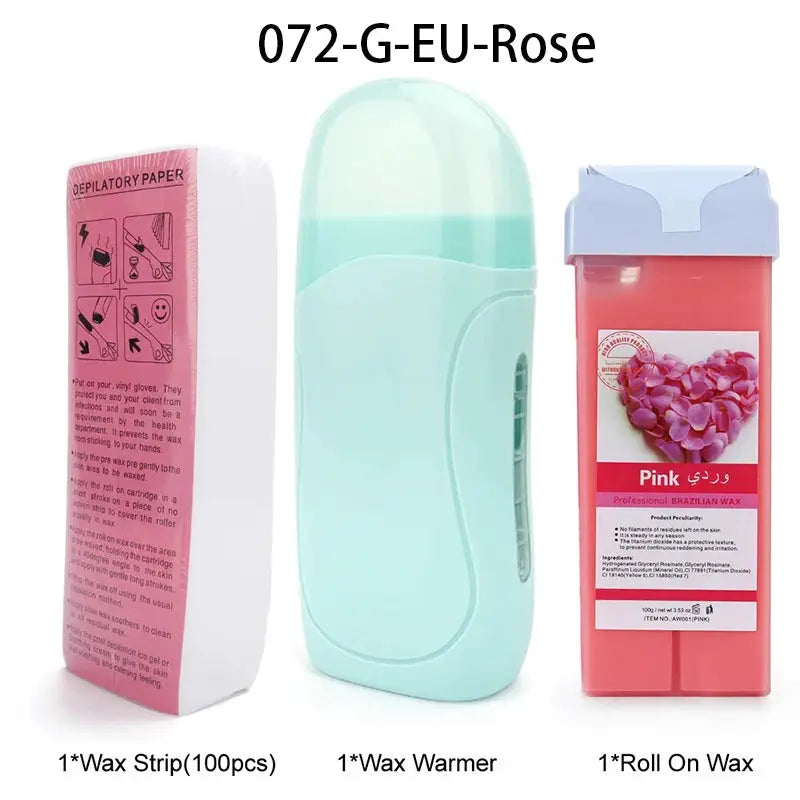 Unisex wax warmer kit with mint-green heater, pink roll-on wax, and 100 wax strips by Simples Market