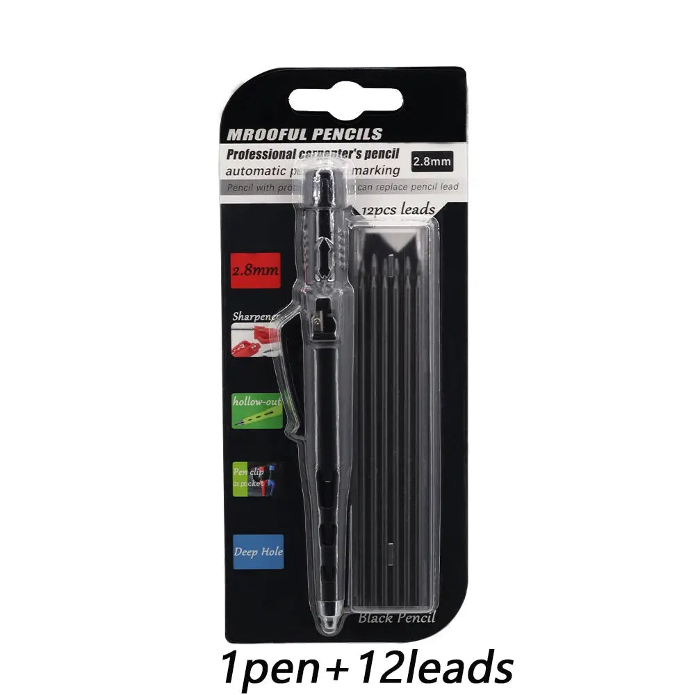 Woodworking pencil set by Simples Market, black 2.8mm with 1 pen and 12 leads for deep-hole marking