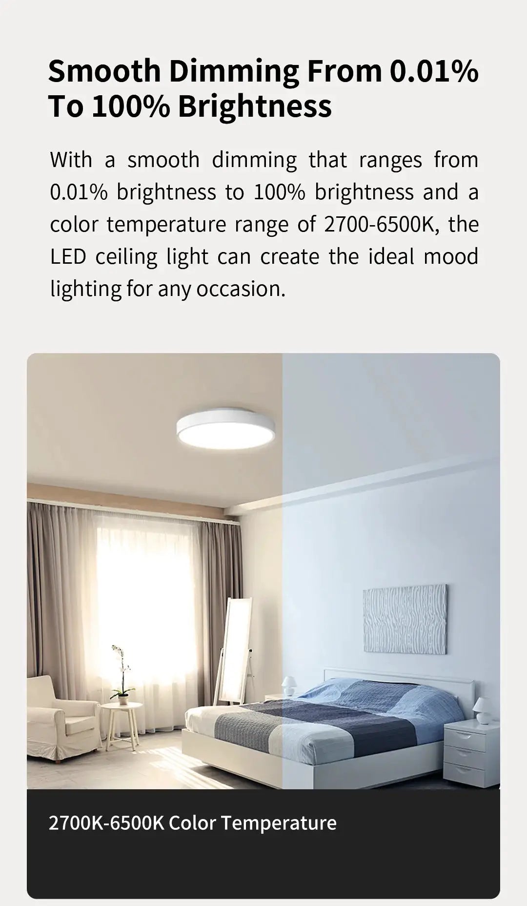 Yeelight Smart LED Ceiling Light PRO, white round fixture in bedroom showing 2700–6500K dimmable lighting