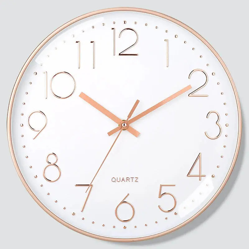 8-inch wall clock with rose-gold frame, white dial, and rose-gold hands, analog quartz movement.