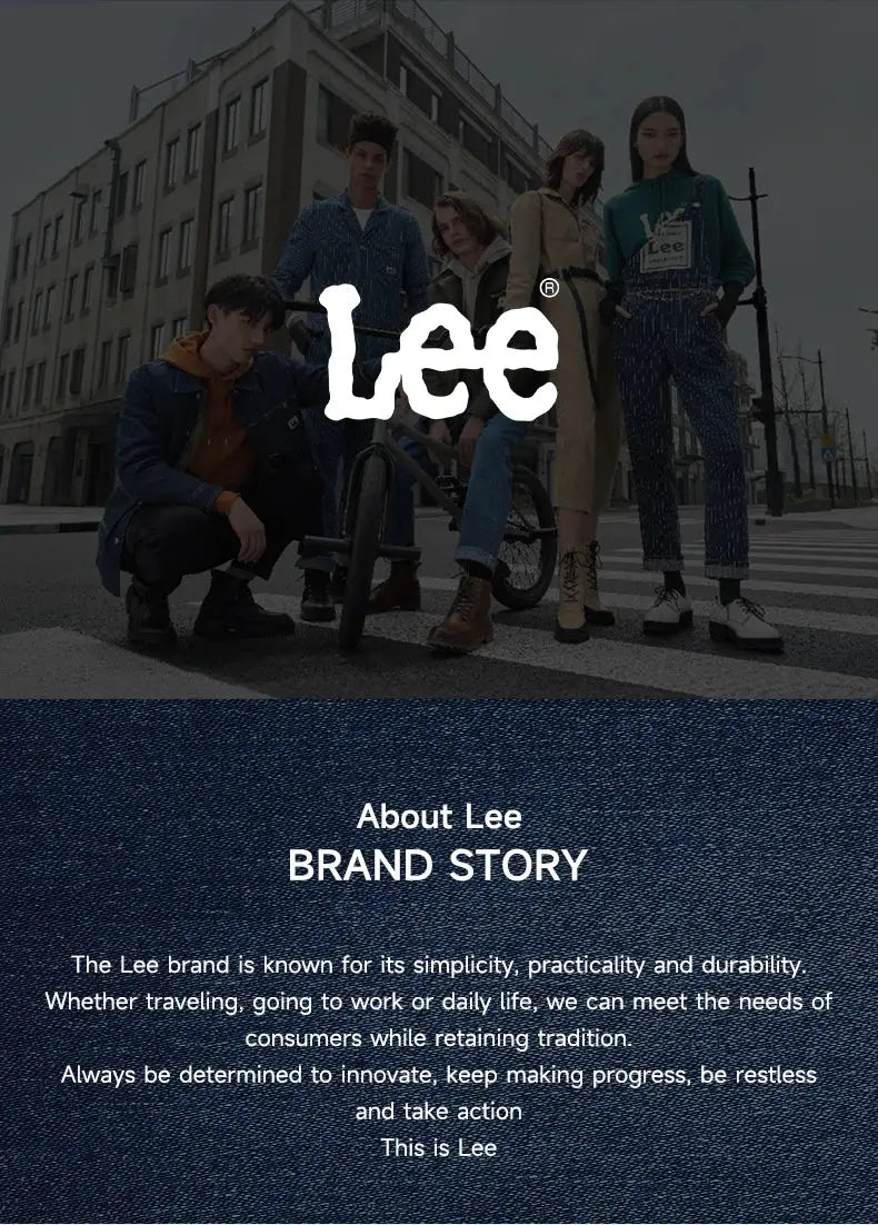 Lee backpack promo image featuring teens and a large Lee logo on denim backdrop.