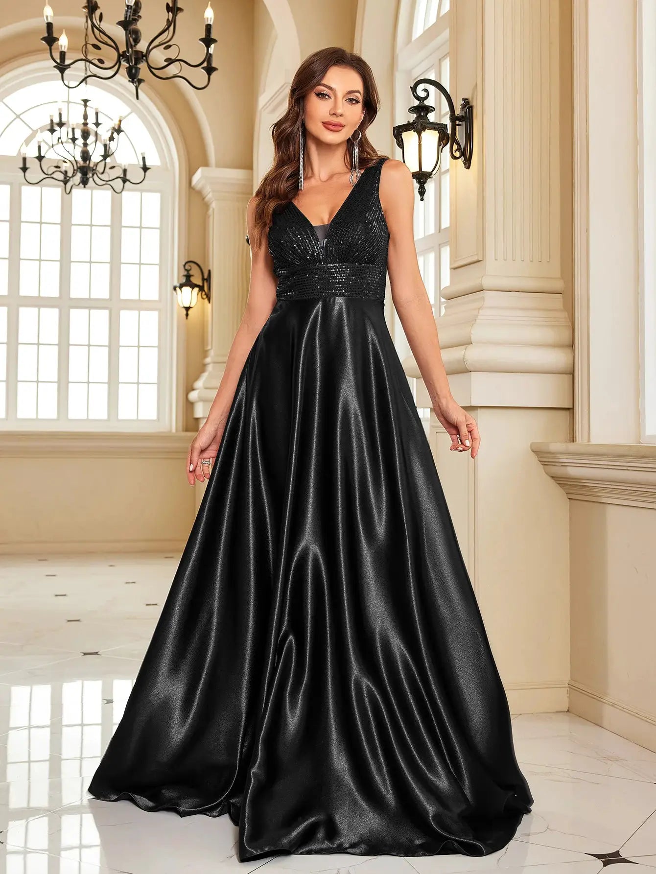 Emerald Green Sequin Evening Dress V Neck Satin Prom Floor Length