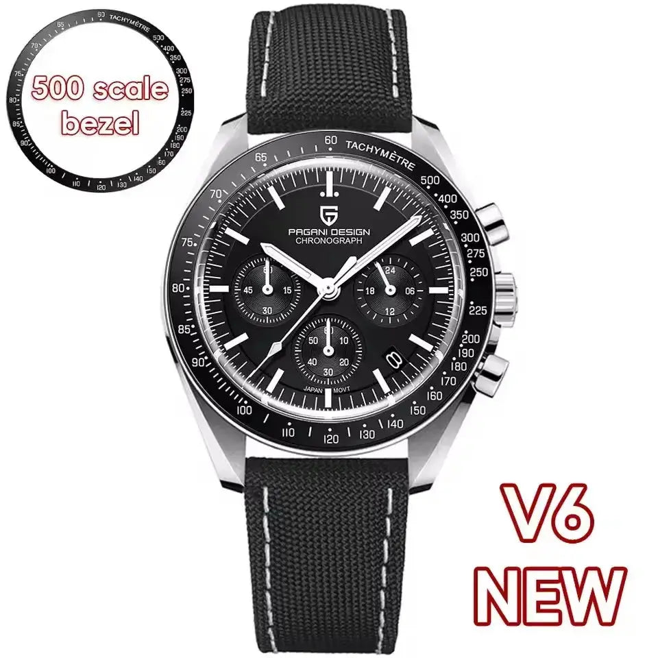 Pagani Design chronograph watch with black dial, tachymeter bezel, stainless steel case and fabric strap