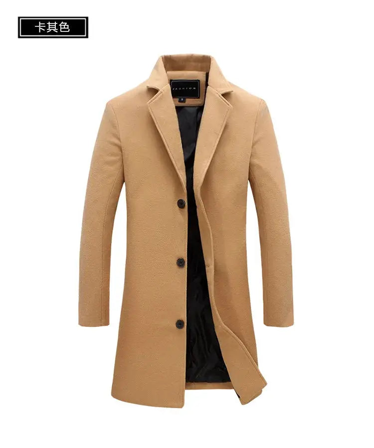 Men's camel wool overcoat, mid-length, single-breasted with lapels