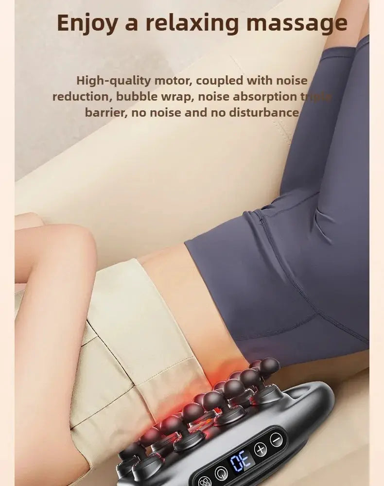 32-head wireless massage gun for deep-tissue relief, black handheld device with red light accents