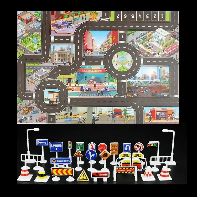 City Traffic Road Map Play Mat For Toddlers With Roads Buildings Parking Lots And Traffic Signs