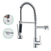 Chrome pull-down kitchen faucet with flexible spring hose, dual swivel spout, deck-mount