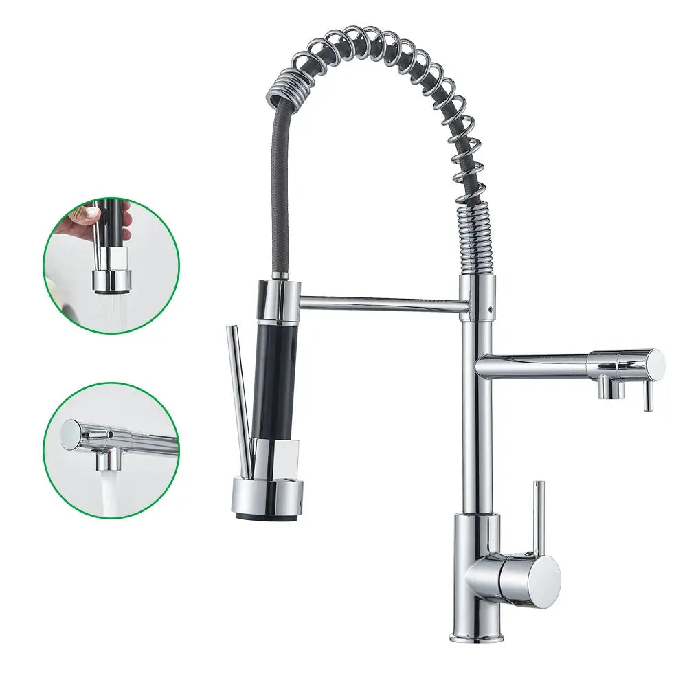 Chrome pull-down kitchen faucet with flexible spring hose, dual swivel spout, deck-mount
