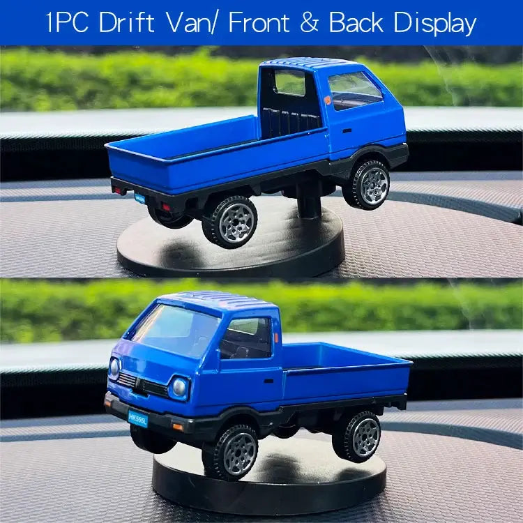 Blue drift van toy car dashboard model by Simples Market with front and back display on stand