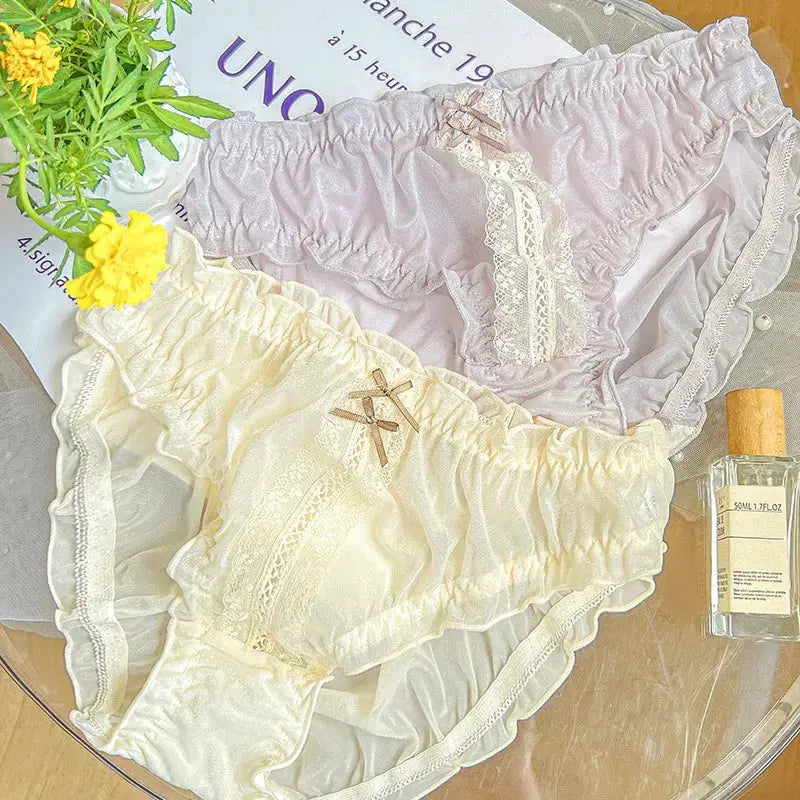 Simples Market 3XL ice silk panties, lavender and ivory, two pairs with lace bow accents