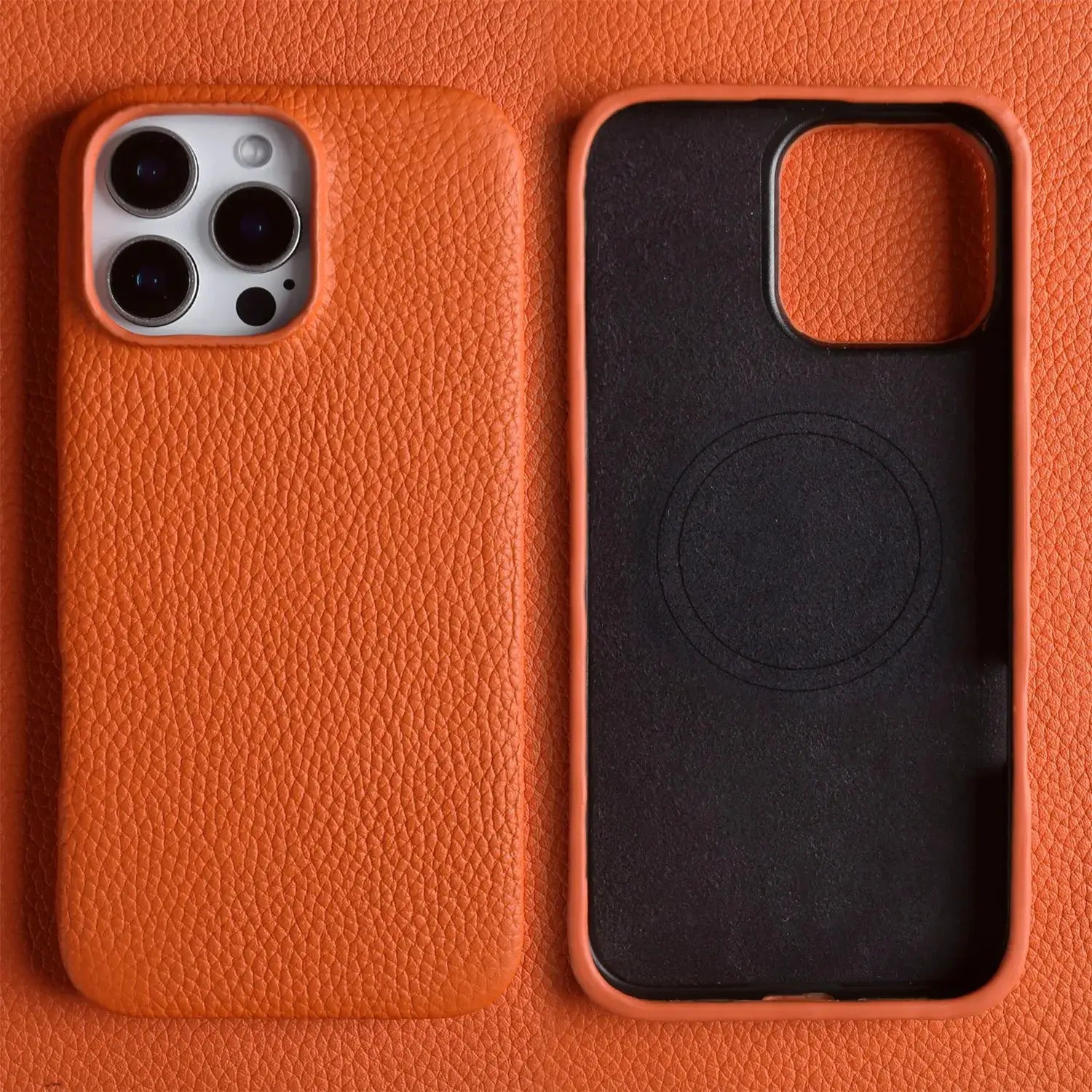 Simples Market orange genuine leather MagSafe case for iPhone 16 Pro Max, full-wrap back cover