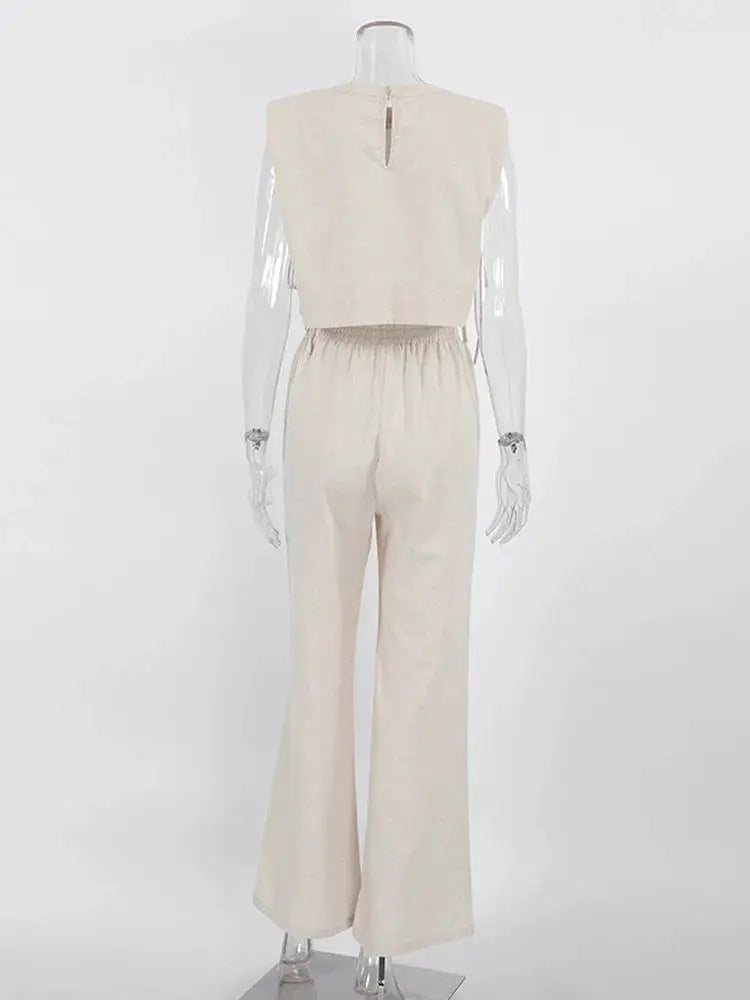 Linen Two Piece Pant Set With Crop Top For Women Spring Summer 2025