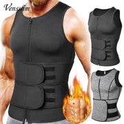 Vensslim men’s waist trainer vest with front zipper and triple Velcro belts; black and gray variants