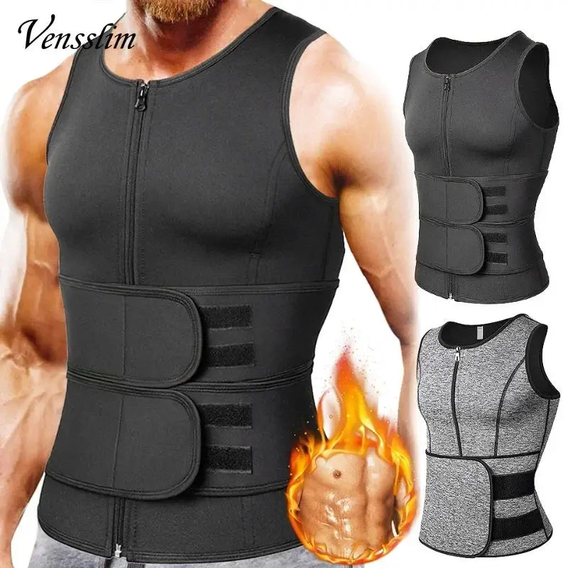 Vensslim men’s waist trainer vest with front zipper and triple Velcro belts; black and gray variants