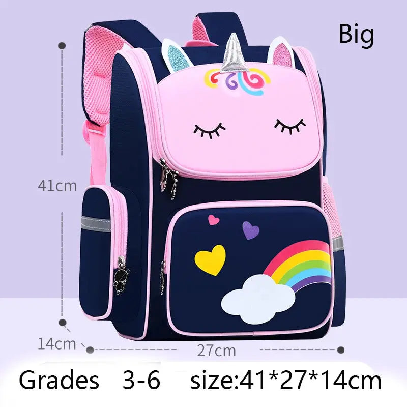 Simples Market Children Girl Backpack with unicorn print; navy body, pink trim, large capacity, 41×27×14 cm