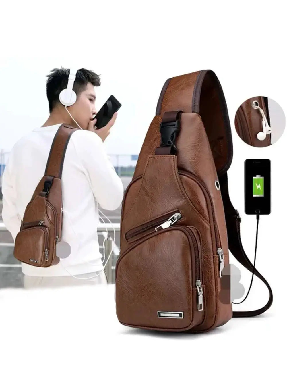 Brown PU leather men's crossbody chest bag with USB charging port and multiple zipper pockets for commuting