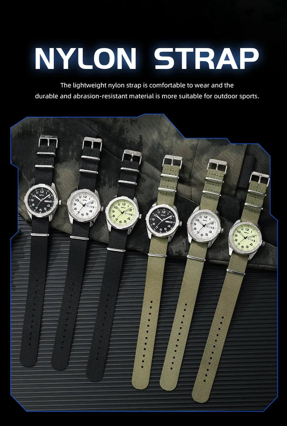 Six 40mm field watches on black and olive nylon straps with quartz movement, luminous bezels, and date/day features.