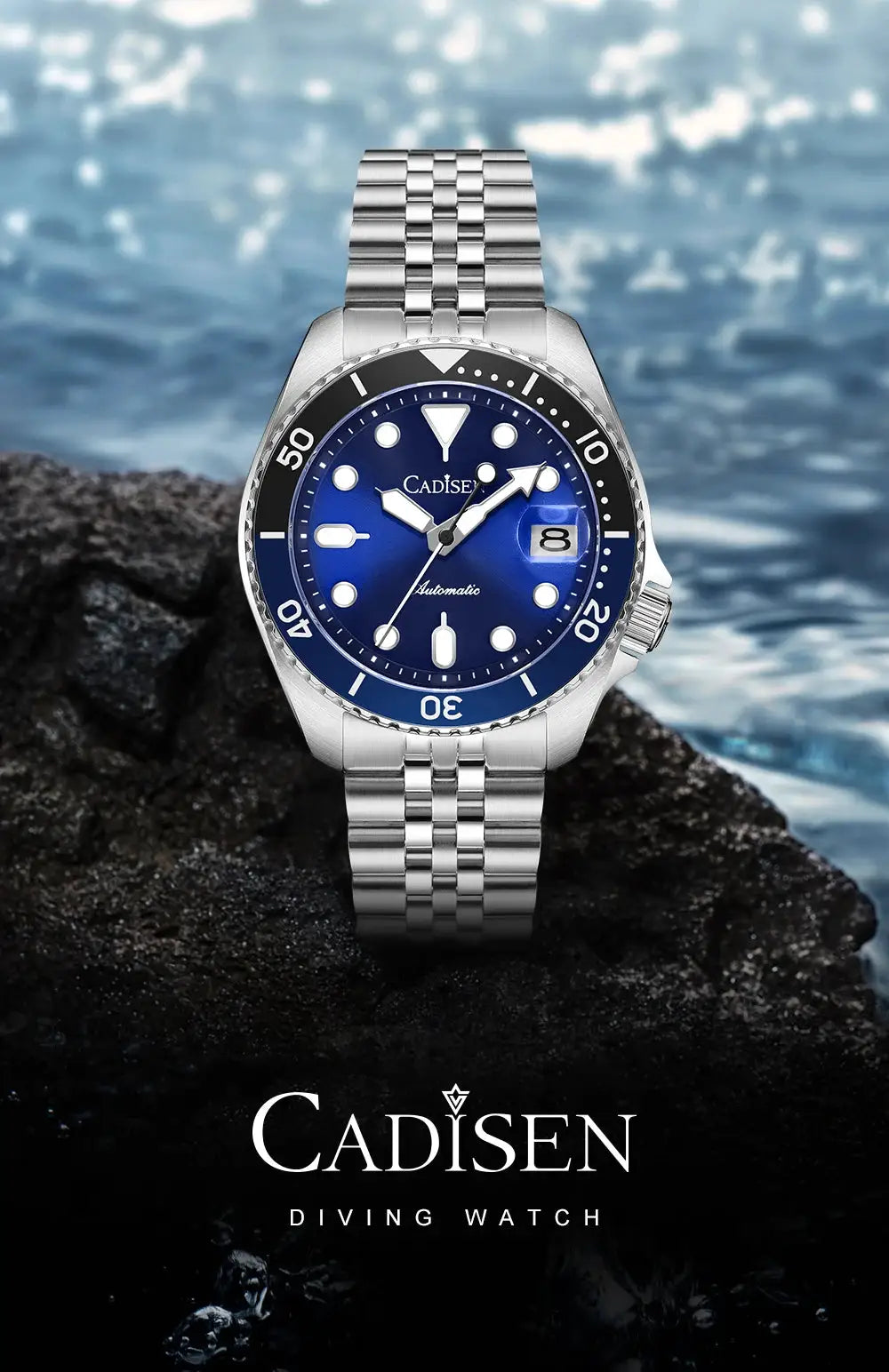 Cadisen diving watch with blue dial and stainless steel bracelet.