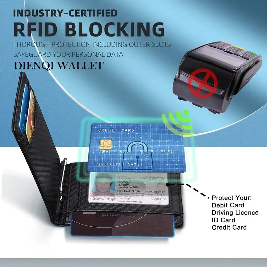 Slim black synthetic leather smart wallet for men with RFID blocking, card slots and money clip.