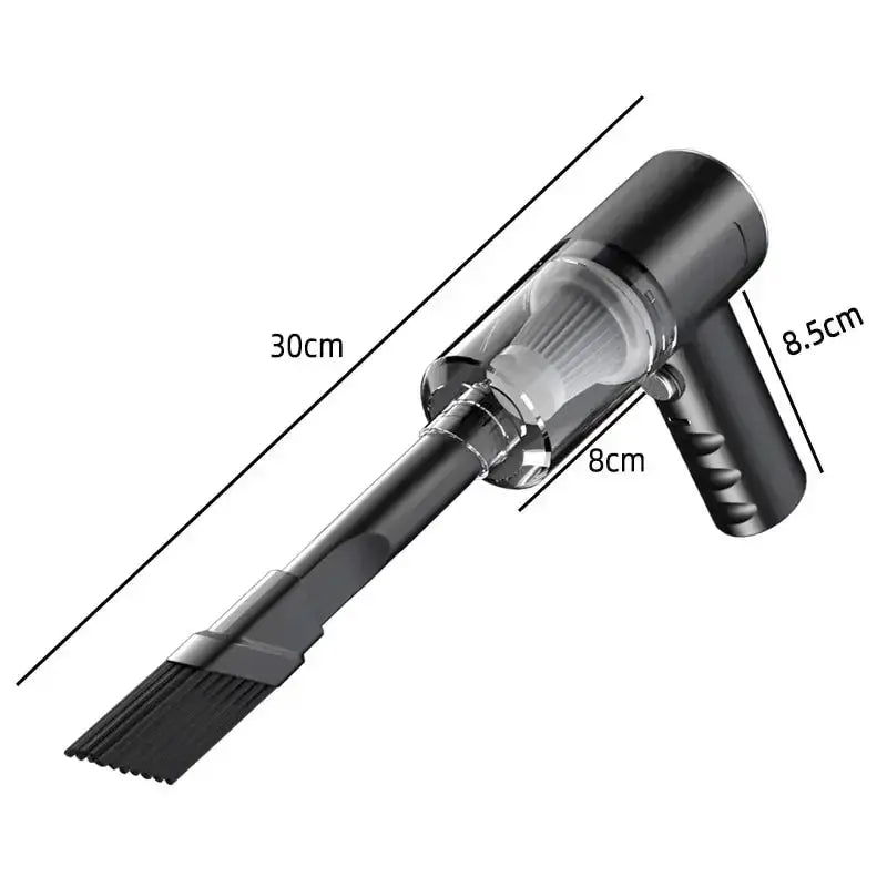 Portable wireless car vacuum cleaner, black handheld with 120W high-power motor and clear dust canister.