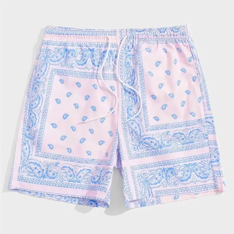 Men's Trend Bandana Graphic Beach Shorts, pink and blue paisley print, Simples Market swim trunks