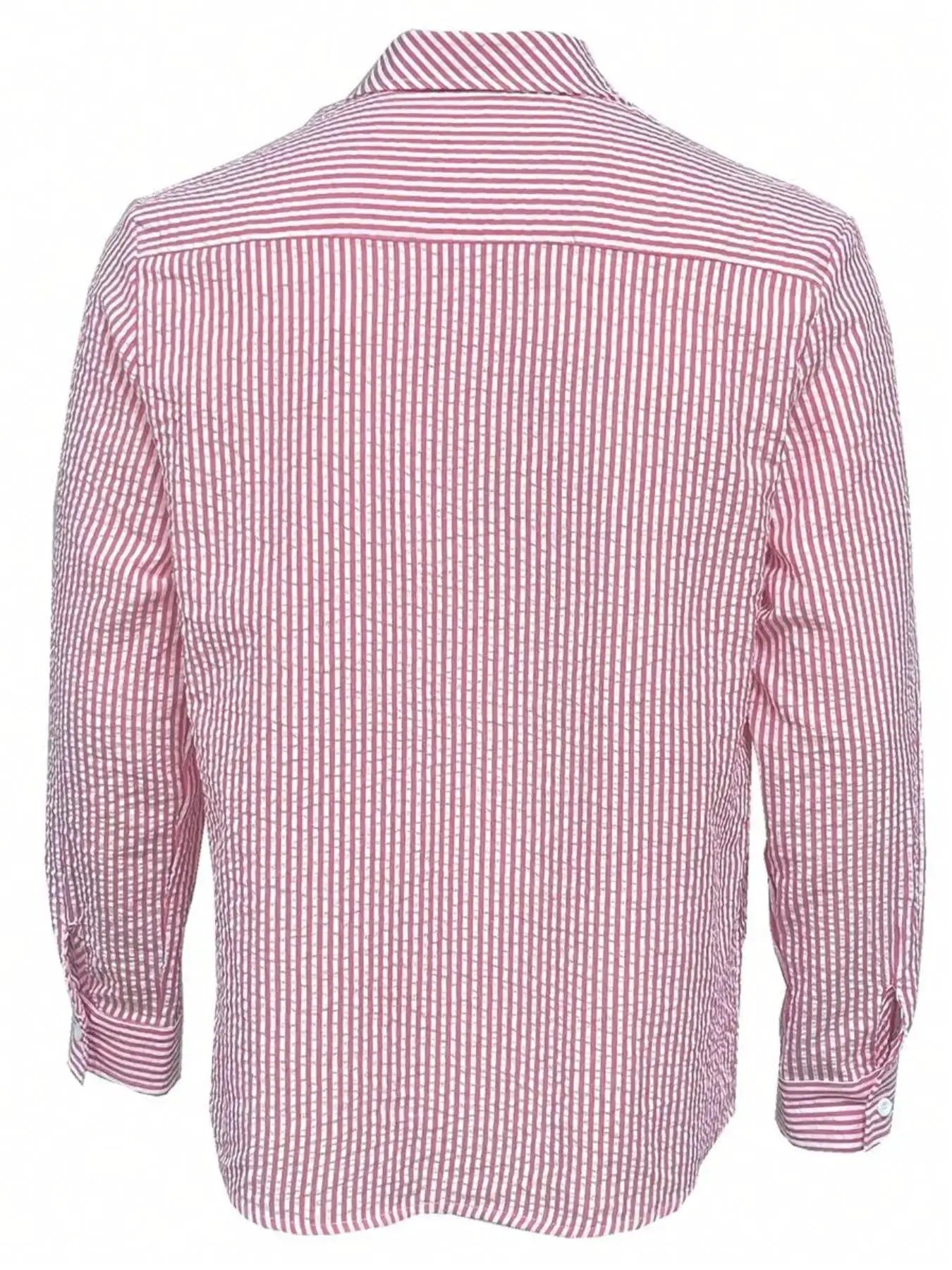 Men's long-sleeve shirt, red and white striped, back view, casual everyday wear.