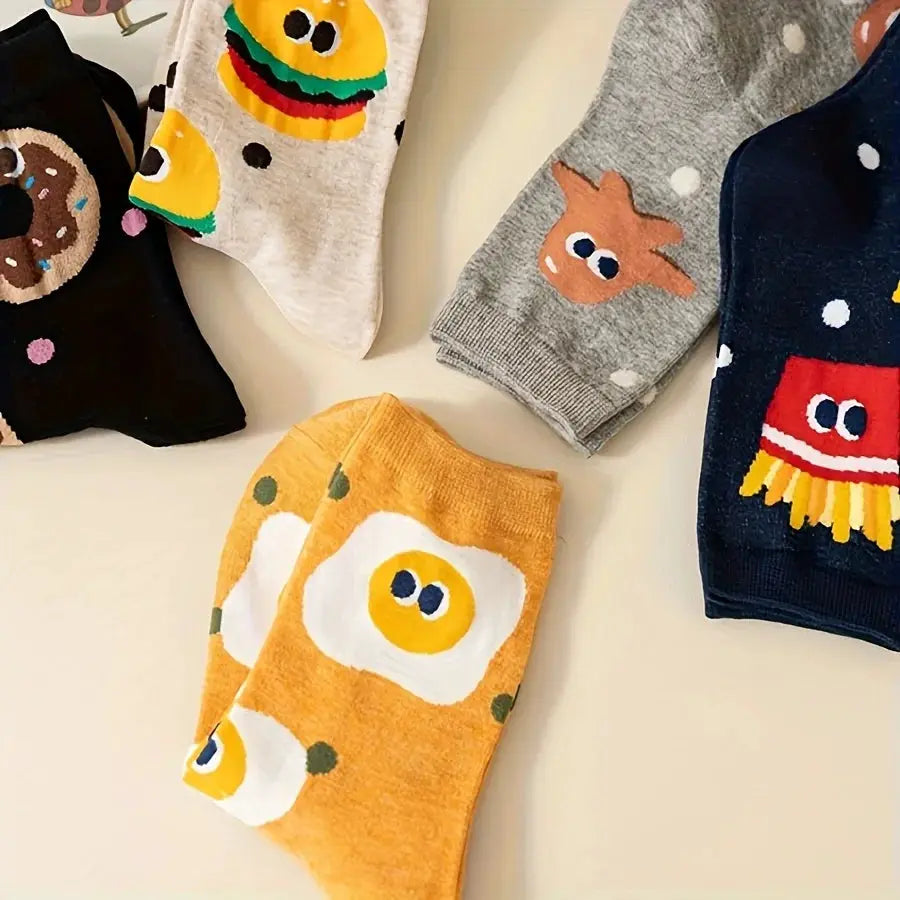 5 Pack Mixed Color Kids Mid Calf Socks With Cartoon Hamburger And Fries Pattern For Boys And Girls