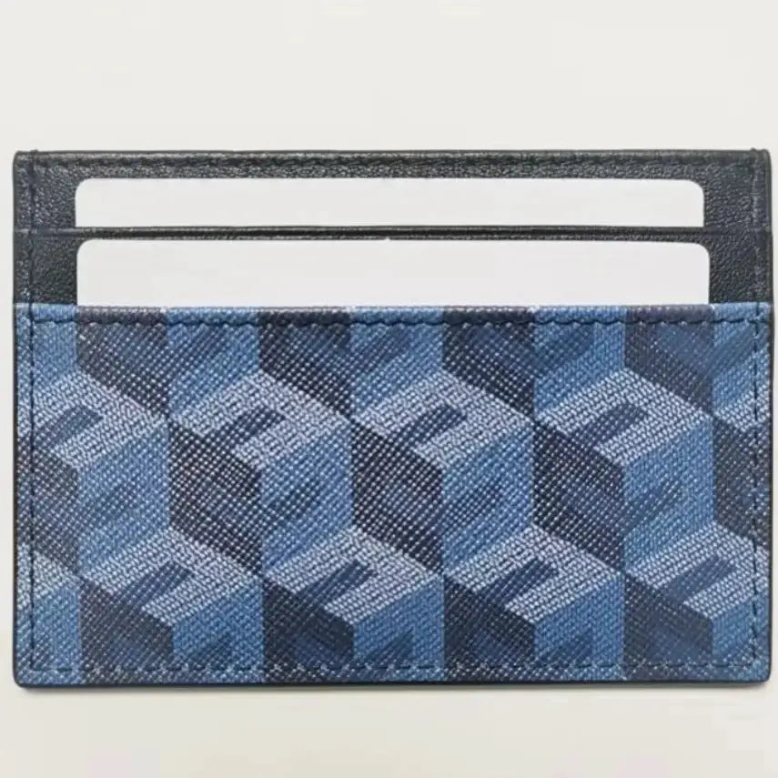 Blue geometric 3D pattern card holder with black trim and two front card slots