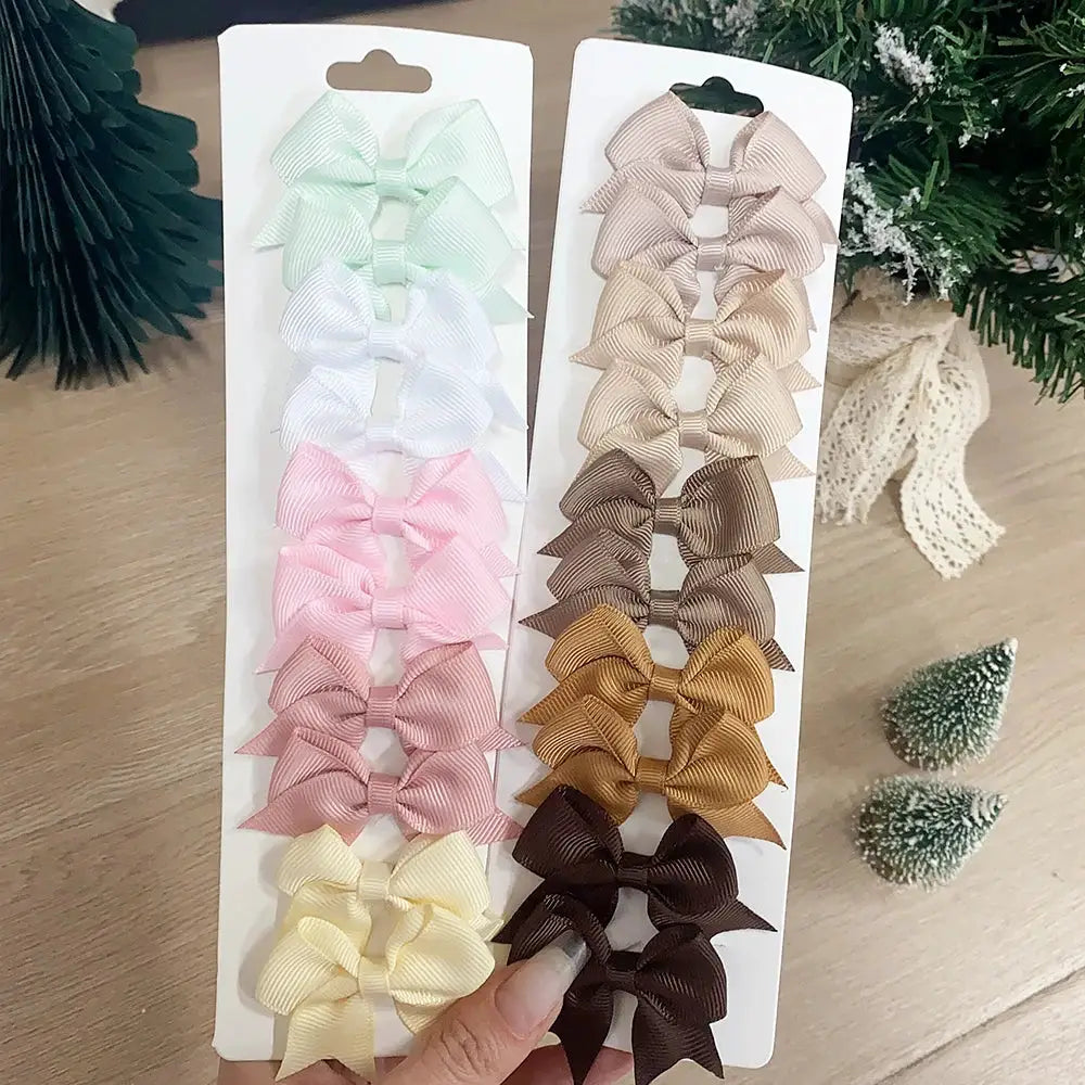10Pcs Solid Color Kids Bows Hair Clips Set Handmade Ribbon Bowknot Hairpins For Baby Girls New Year Accessories