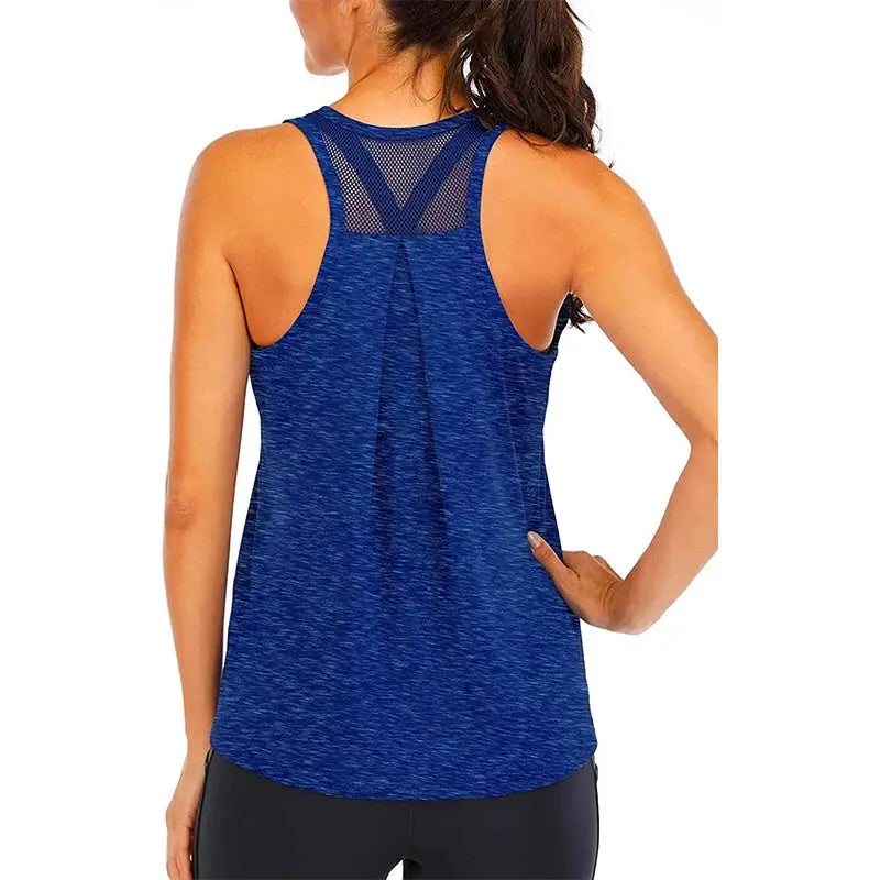 Women's blue yoga vest with mesh back panel; loose-fit tank top by Simples Market