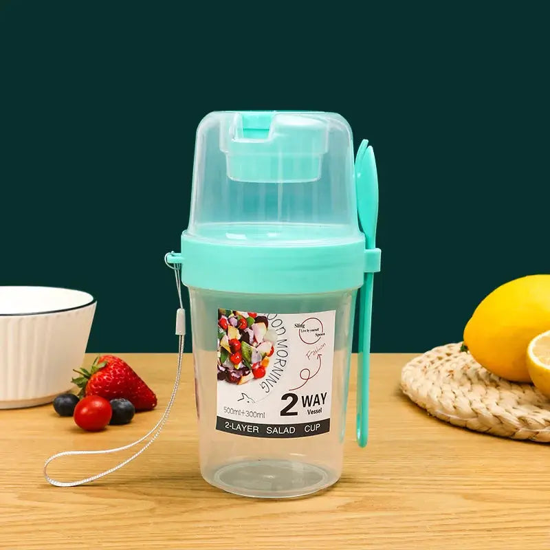 Three Compartment Meal Prep Container With Forks Leakproof Portable For Breakfast Salad Parfait Dressing Jar