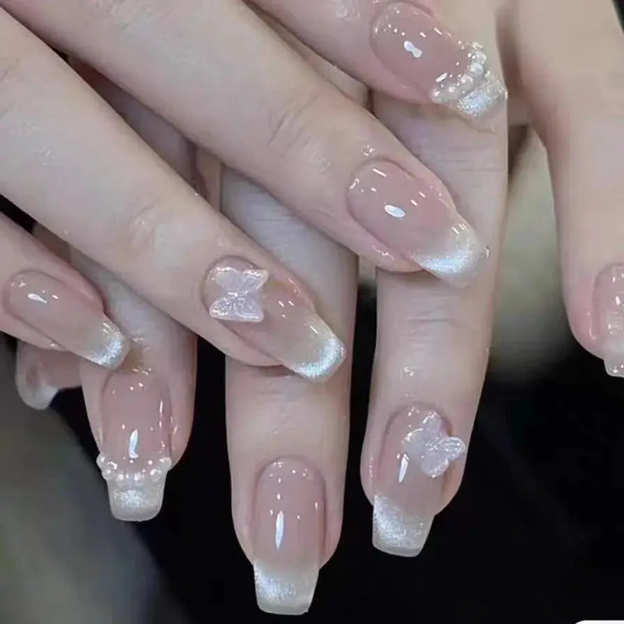 AuroraNails Ten Pieces Pink Butterfly Press On Nails Cat Eyes Blush Handmade DIY False Nails For Weddings And Parties