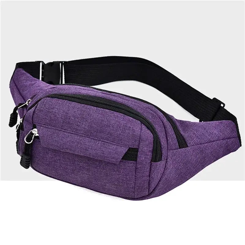 Purple waist bag with multiple zipper compartments and a black adjustable strap