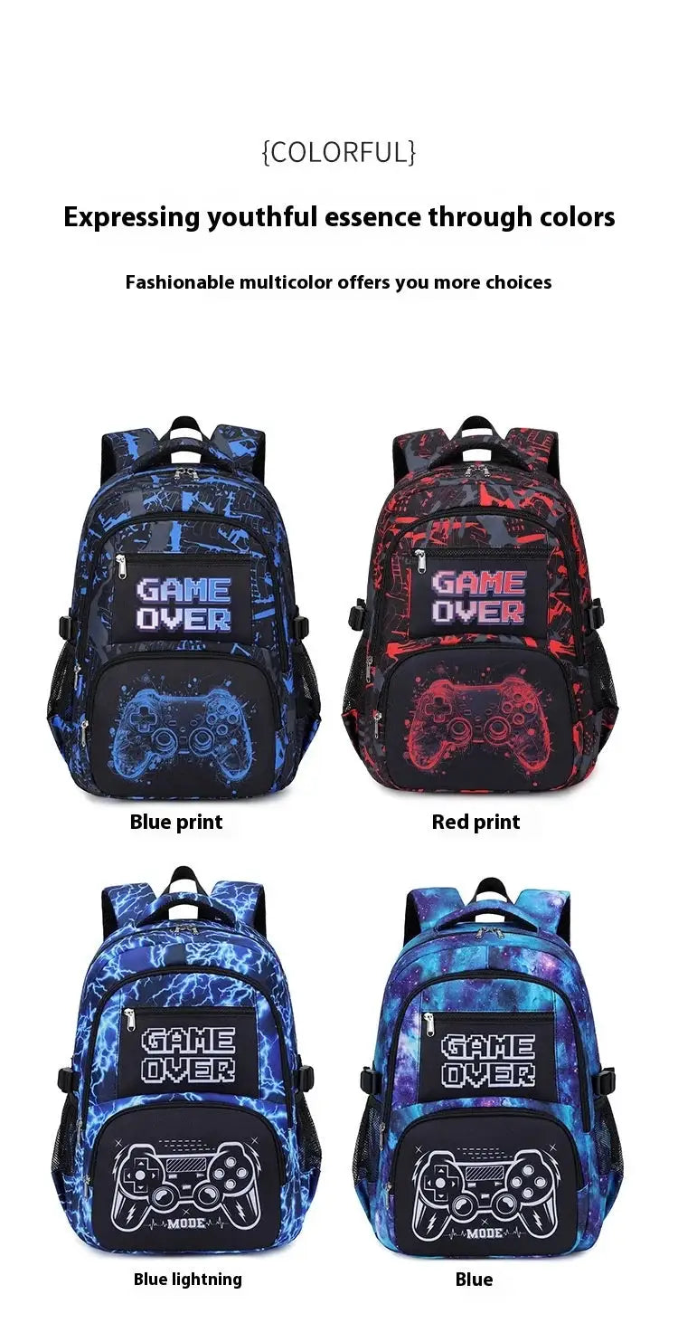 Backpacks for boys, four color variants with GAME OVER controller print on the front