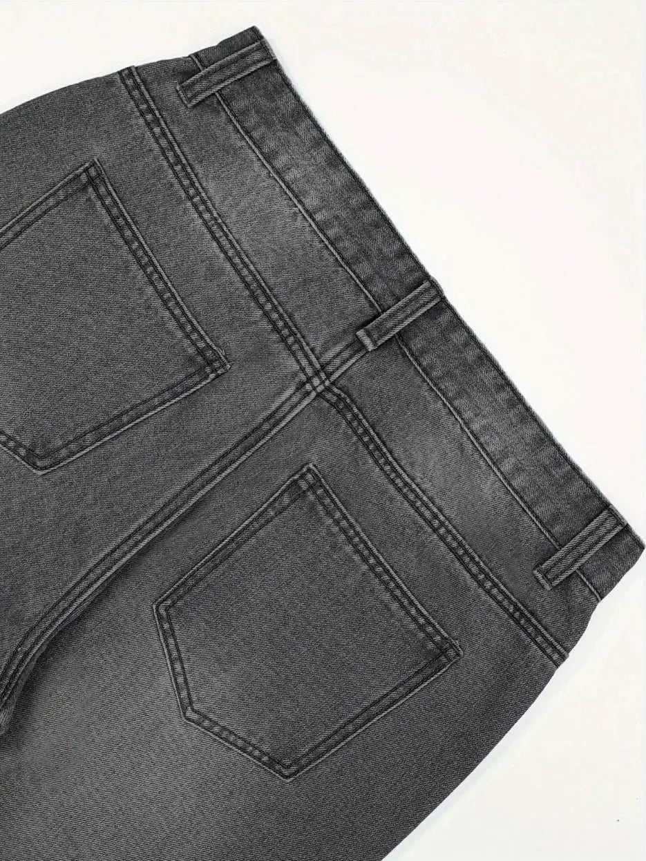 Men's dark gray denim jeans with back pockets and belt loops