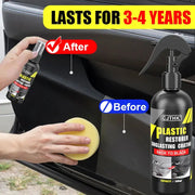CJTHK car plastic restorer spray bottle with sponge applying to a car door panel; before/after glossy black restoration.
