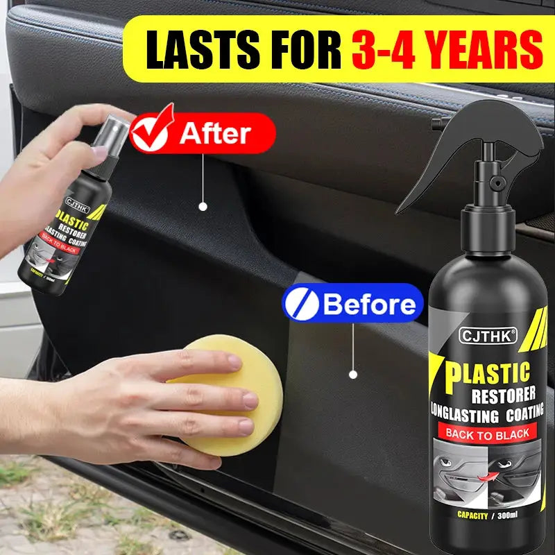 CJTHK car plastic restorer spray bottle with sponge applying to a car door panel; before/after glossy black restoration.