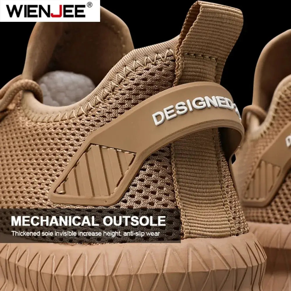 Men's tan knit sneakers with breathable mesh upper and chunky outsole, WIENJEE.