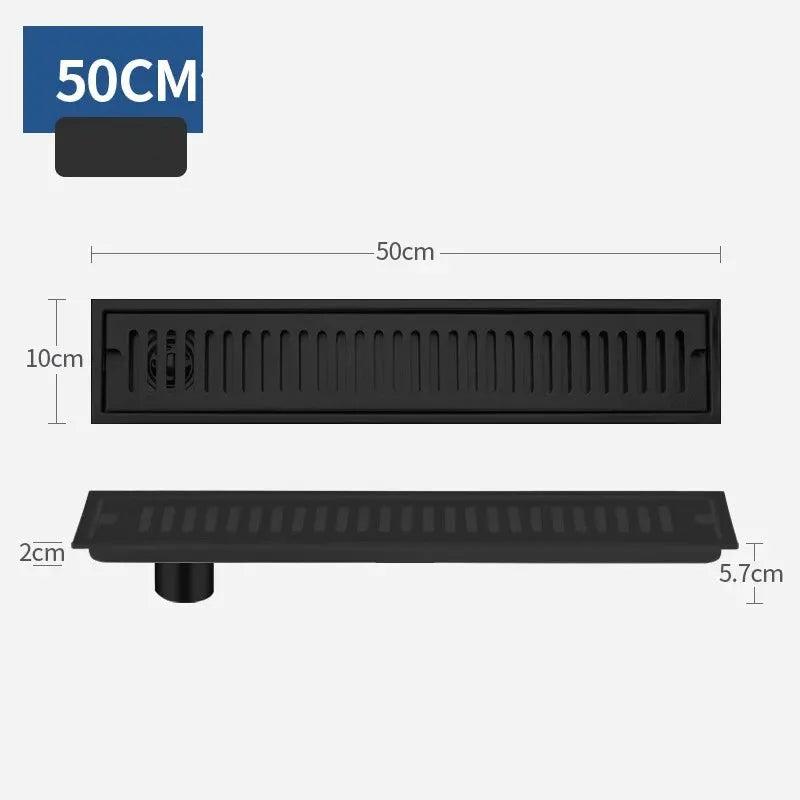 Simples Market rectangular bathroom floor drain, black finish stainless steel 304, 50 cm long, anti-odor.