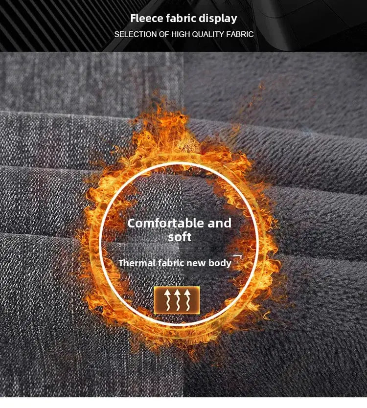 Winter warm jeans for men, slim straight elastic denim pants with plush fleece lining