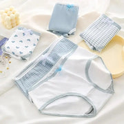 5pcs women's soft briefs set by Simples Market in light blue and white with heart and plaid prints, breathable.