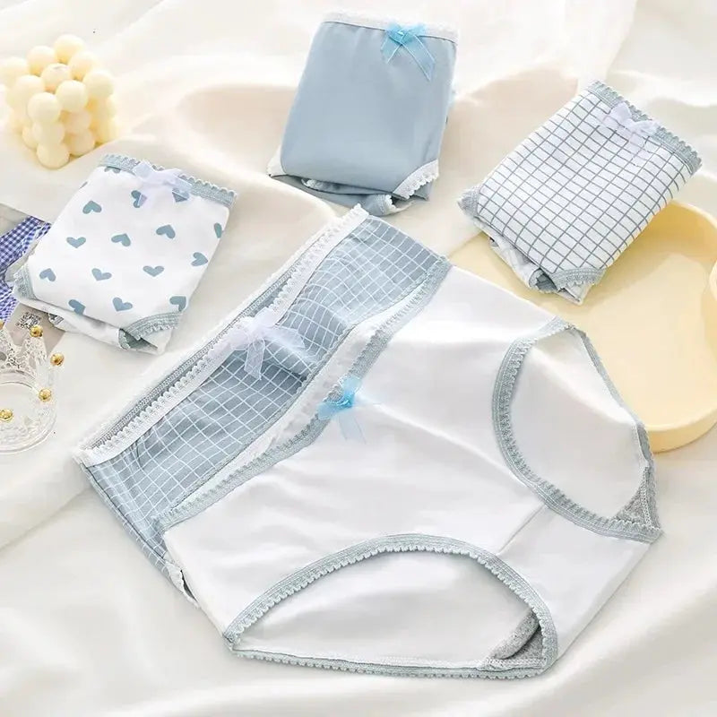 5pcs women's soft briefs set by Simples Market in light blue and white with heart and plaid prints, breathable.
