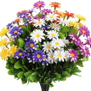 Artificial silk daisy bouquet with multicolor blooms and green leaves for home decor