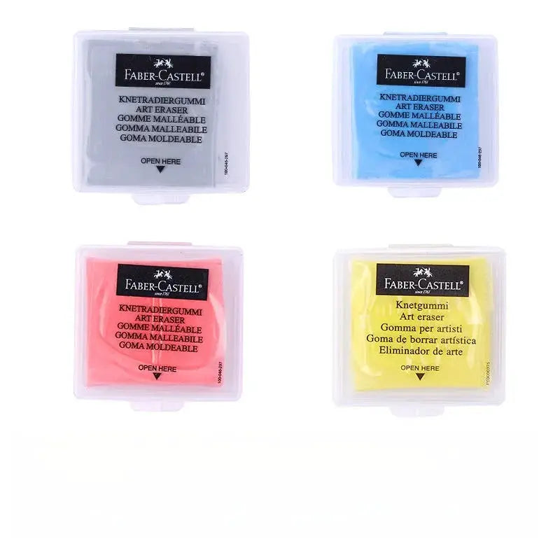 Faber-Castell kneaded art erasers set of 4 in plastic cases; gray, blue, pink, and yellow.