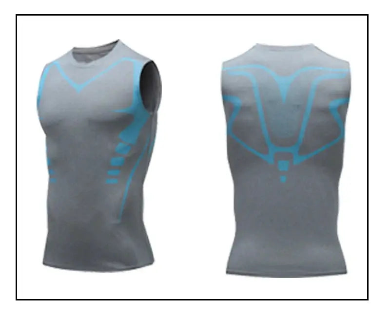 Simples Market men's gray compression tank top with blue printed design; sleeveless gym shirt, front and back views