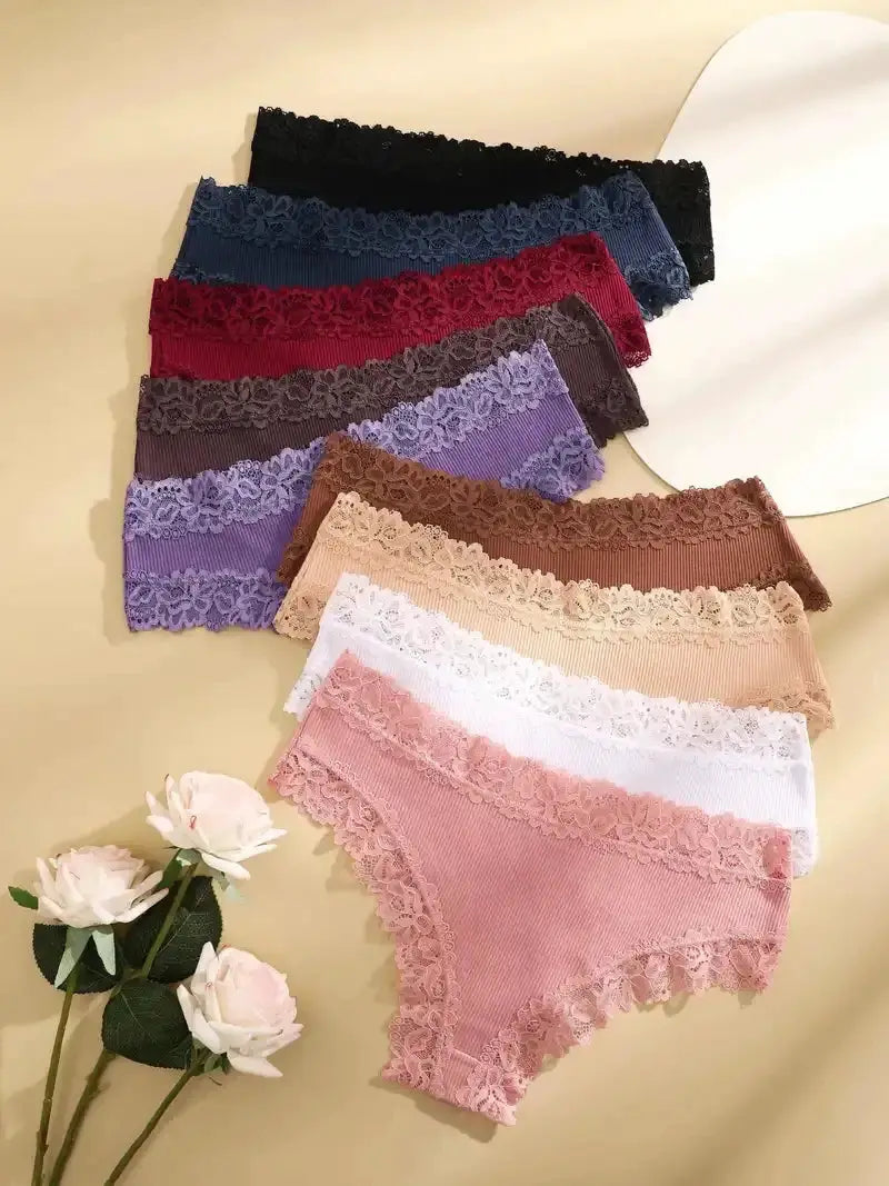 5-piece set of women's cotton panties with floral lace trim in assorted colors.