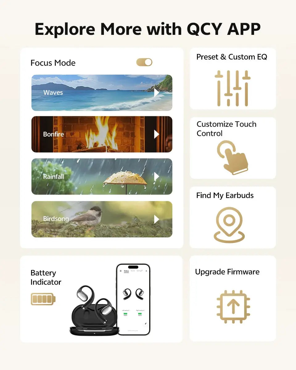 QCY Crossky R70 open-ear headphones app UI by Simples Market showing Focus Mode presets and battery indicator.