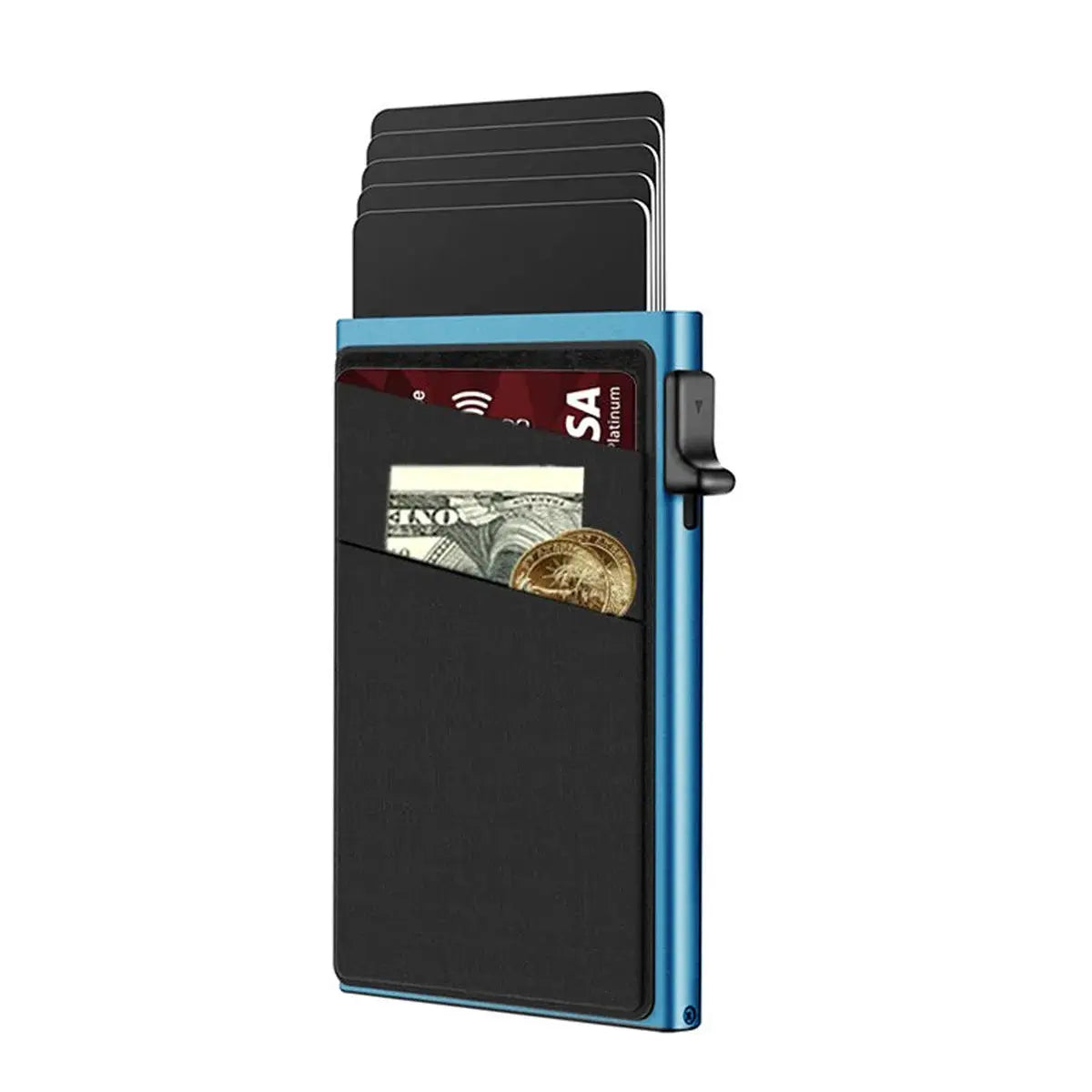 Anti-theft card holder with RFID protection in blue aluminum case; minimalist wallet holds 6 cards.
