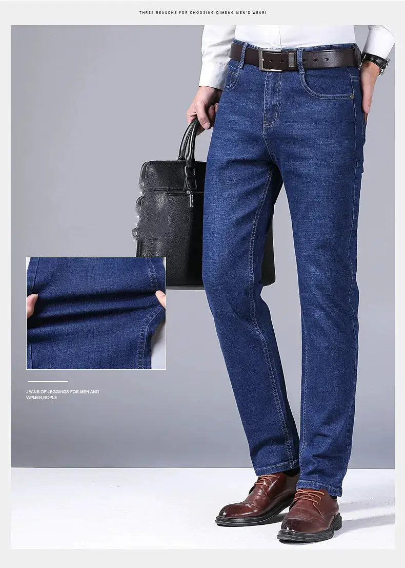 Men's straight jeans, blue denim with stretch, slim fit, Simples Market.